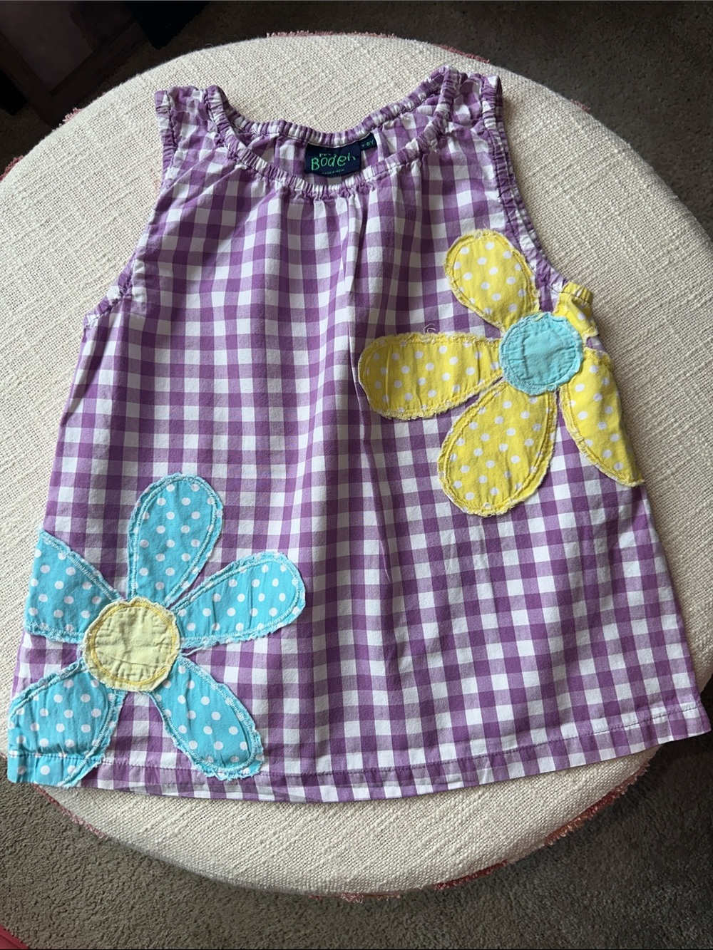 Mini Boden Purple Gingham Tank Top with Flower Appliqués.  Size 7/8.